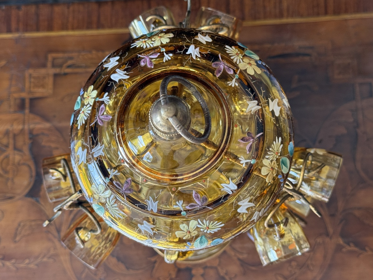 Gilded Brass Liqueur Service, Enamelled Crystal Carafes And Glasses, Napoleon III Circa 1860-photo-3