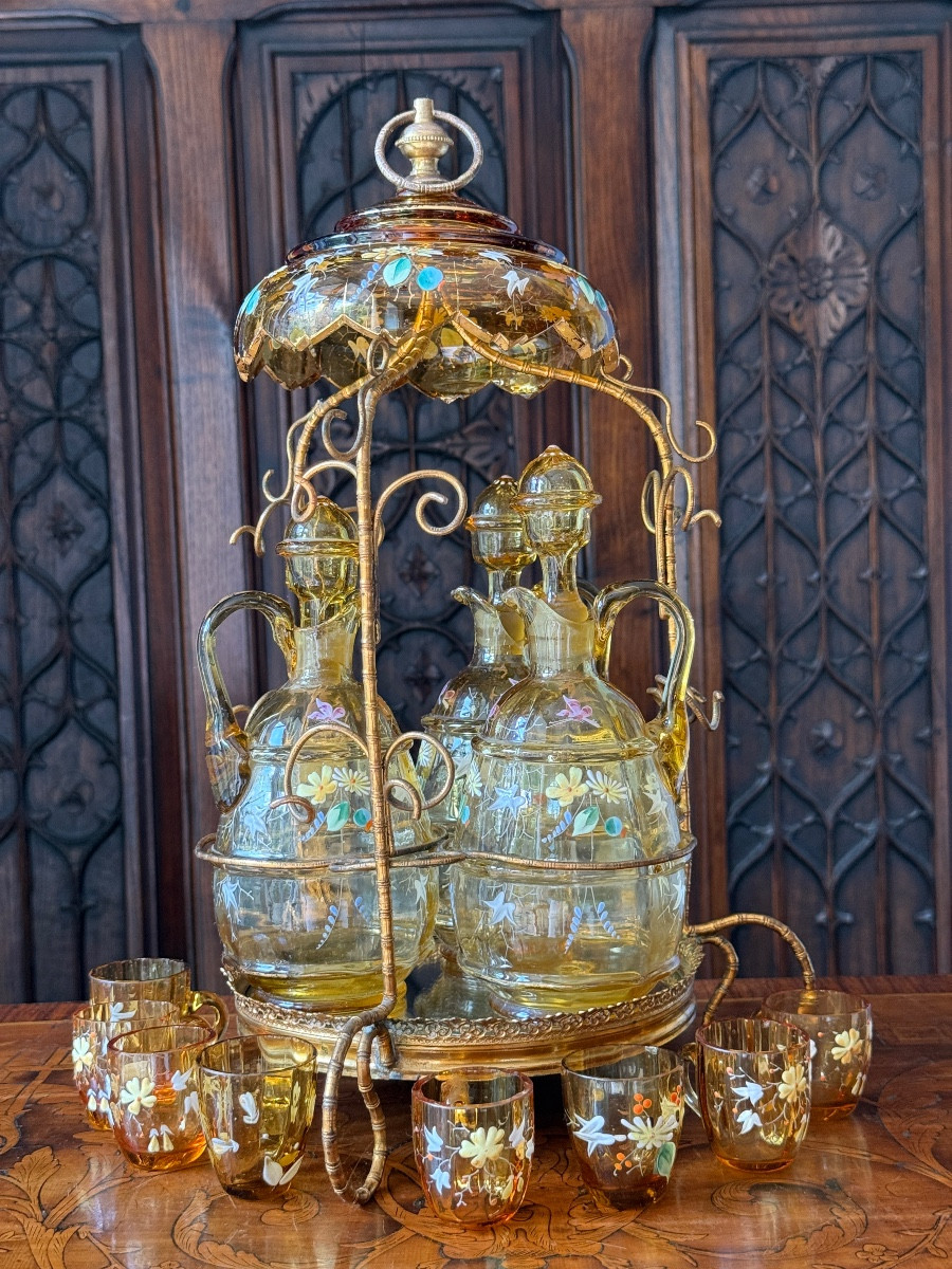 Gilded Brass Liqueur Service, Enamelled Crystal Carafes And Glasses, Napoleon III Circa 1860-photo-4