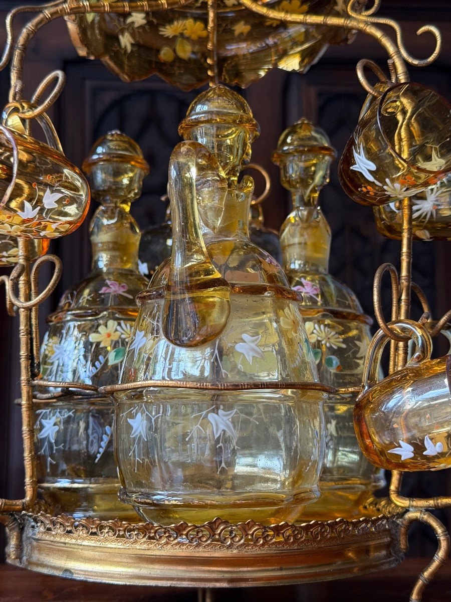 Gilded Brass Liqueur Service, Enamelled Crystal Carafes And Glasses, Napoleon III Circa 1860-photo-1