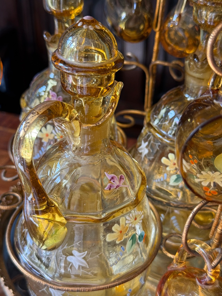 Gilded Brass Liqueur Service, Enamelled Crystal Carafes And Glasses, Napoleon III Circa 1860-photo-2
