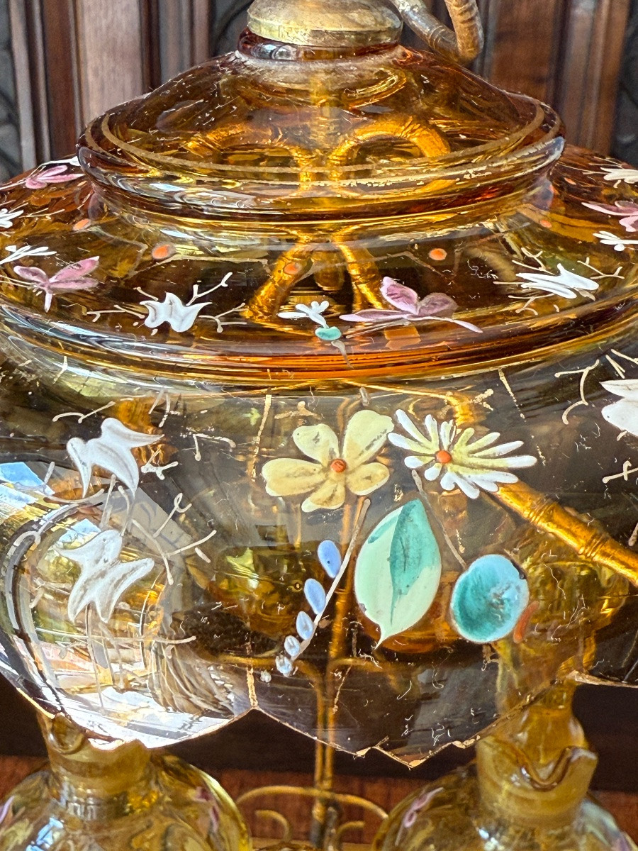 Gilded Brass Liqueur Service, Enamelled Crystal Carafes And Glasses, Napoleon III Circa 1860-photo-4