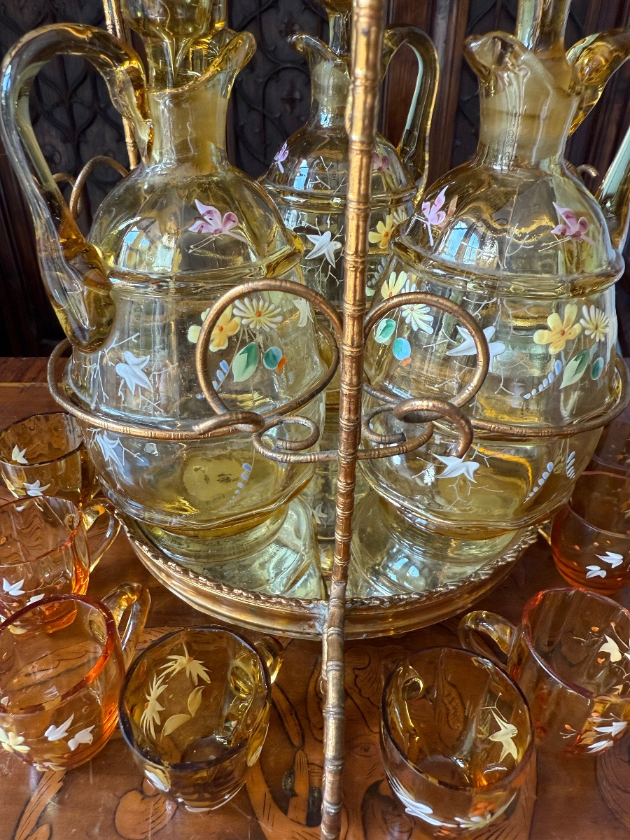 Gilded Brass Liqueur Service, Enamelled Crystal Carafes And Glasses, Napoleon III Circa 1860-photo-6