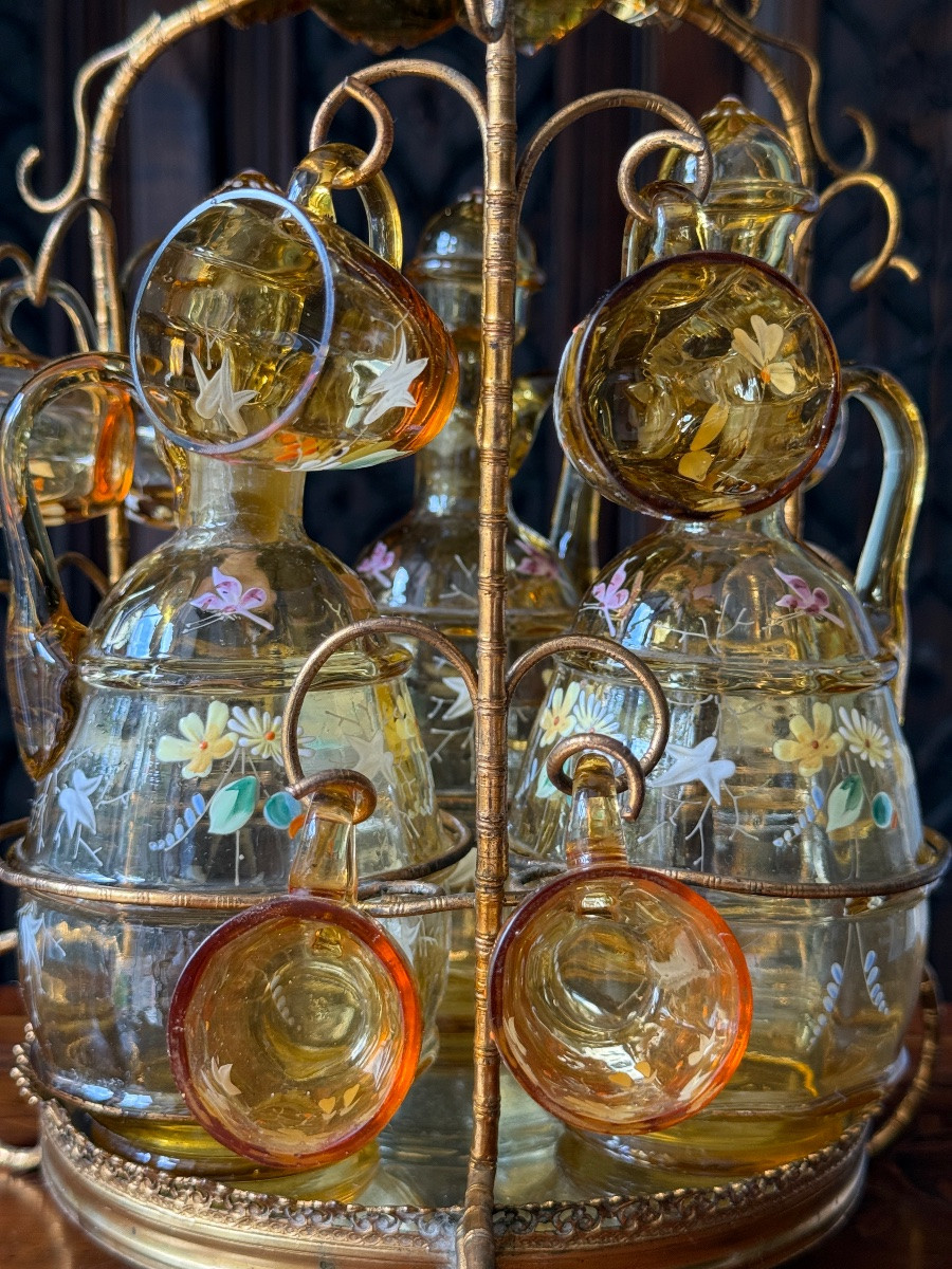 Gilded Brass Liqueur Service, Enamelled Crystal Carafes And Glasses, Napoleon III Circa 1860-photo-7