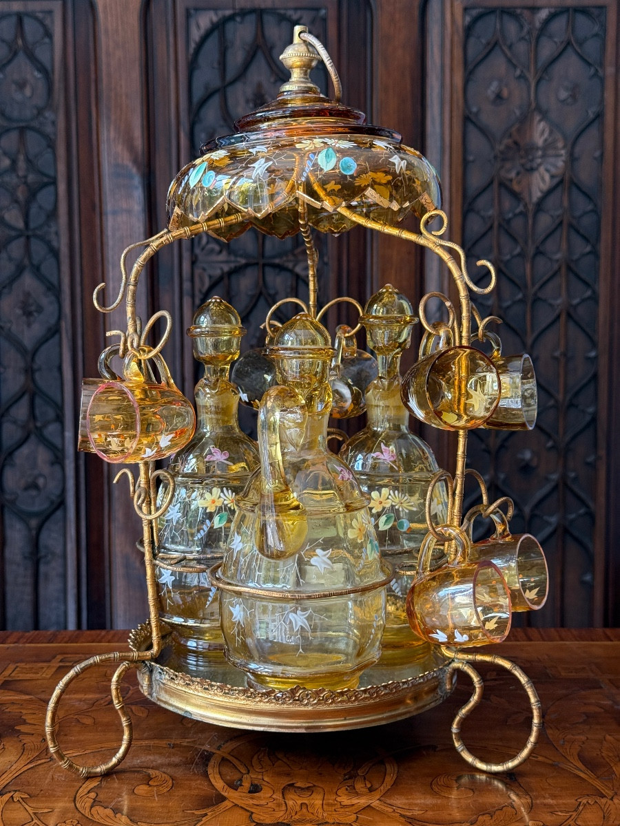 Gilded Brass Liqueur Service, Enamelled Crystal Carafes And Glasses, Napoleon III Circa 1860