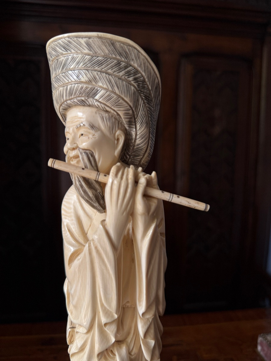 Ivory Okimono Sculpture Representing A Figure With A Large Hat, China, Early 20th Century-photo-5