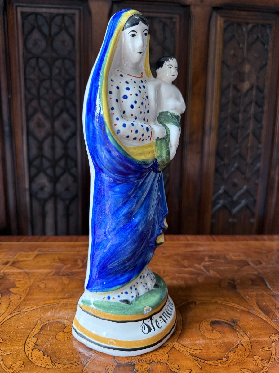 Statue Vierge à l'enfant Jésus en faïence émaillée polychrome, XIXe siècle, Quimper-photo-3