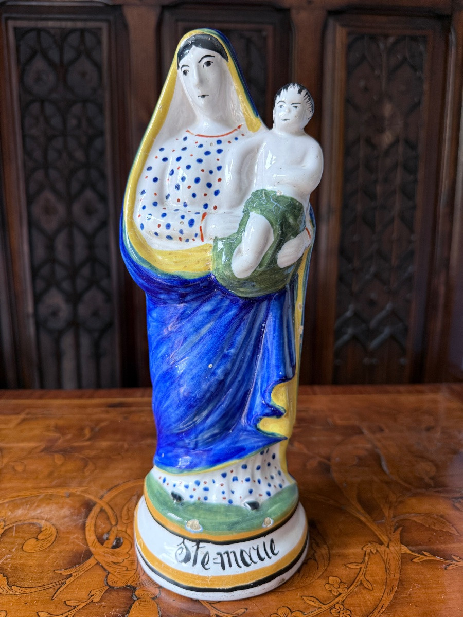 Statue Vierge à l'enfant Jésus en faïence émaillée polychrome, XIXe siècle, Quimper-photo-7