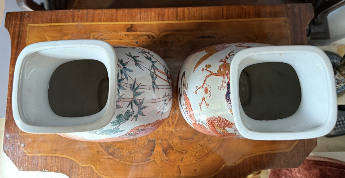 Paire de vase Famille Rose polychrome à décor de Grues et cerisiers- Japon, XXe siècle-photo-4