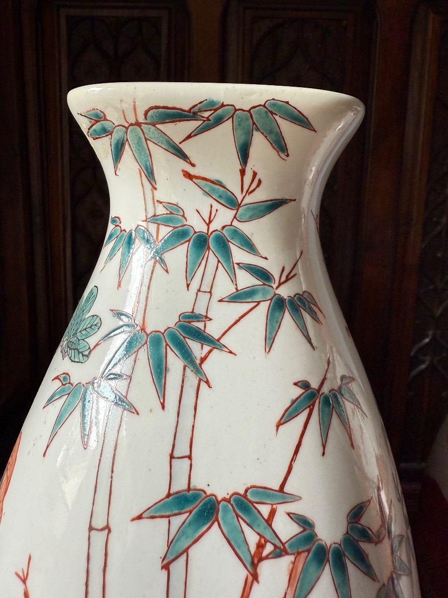 Paire de vase Famille Rose polychrome à décor de Grues et cerisiers- Japon, XXe siècle-photo-5
