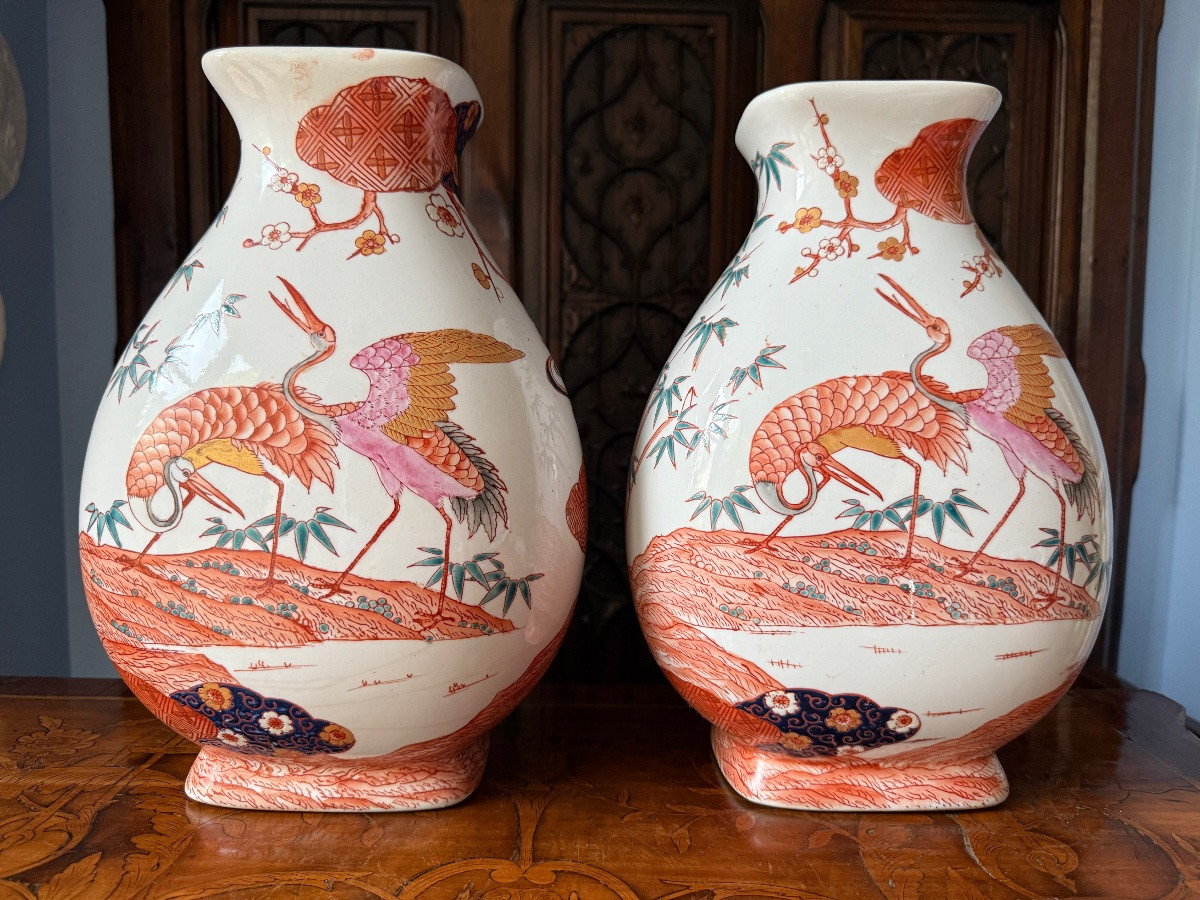 Paire de vase Famille Rose polychrome à décor de Grues et cerisiers- Japon, XXe siècle-photo-6