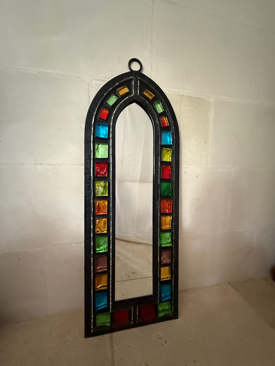 Wrought Iron Mirror Surrounded By Raw Colored Glass Cabochons - 1970s - France-photo-3