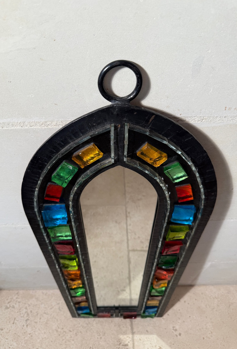 Wrought Iron Mirror Surrounded By Raw Colored Glass Cabochons - 1970s - France-photo-4