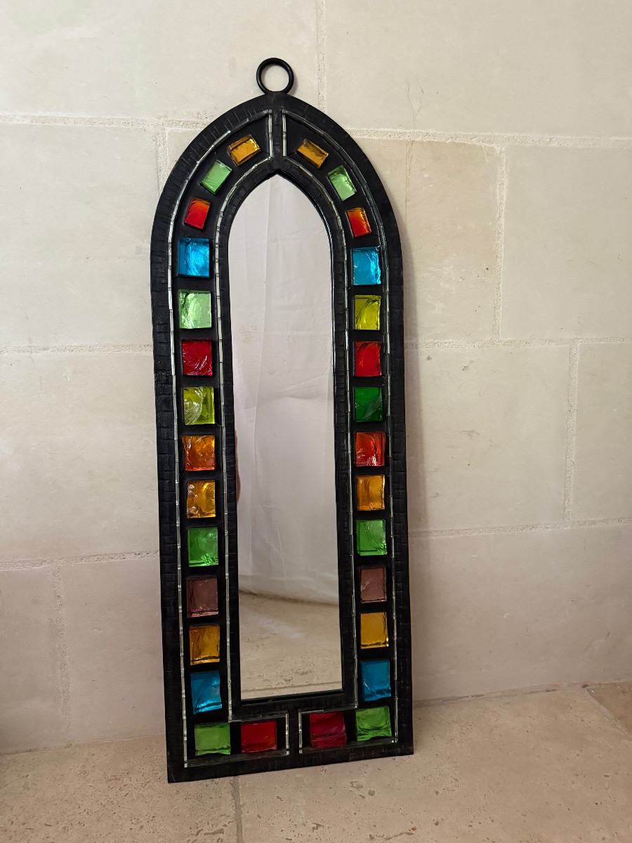 Wrought Iron Mirror Surrounded By Raw Colored Glass Cabochons - 1970s - France-photo-1