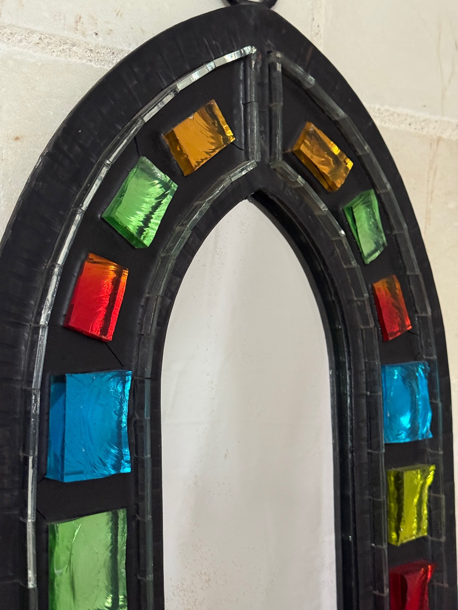 Wrought Iron Mirror Surrounded By Raw Colored Glass Cabochons - 1970s - France-photo-4