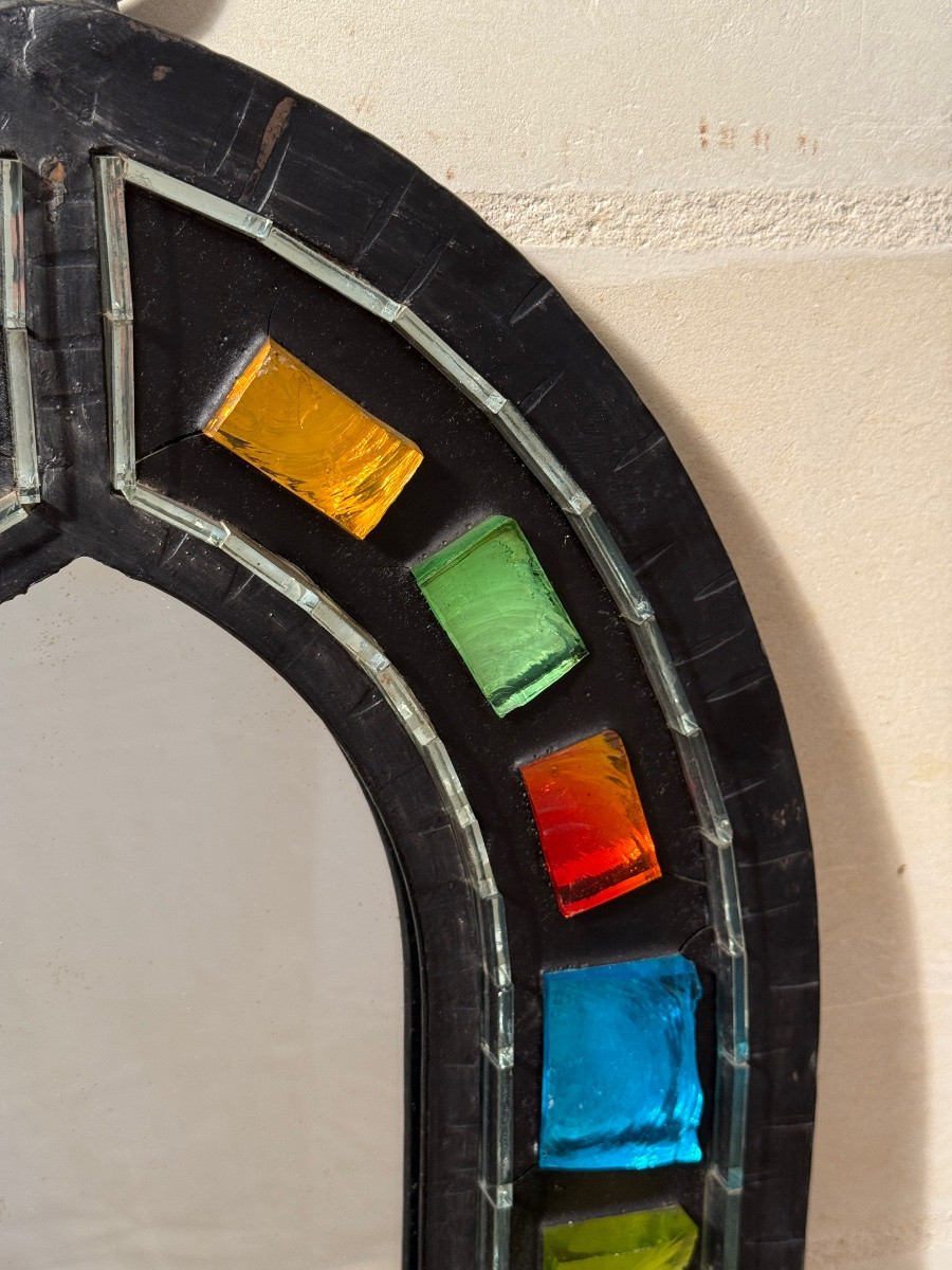 Wrought Iron Mirror Surrounded By Raw Colored Glass Cabochons - 1970s - France-photo-8