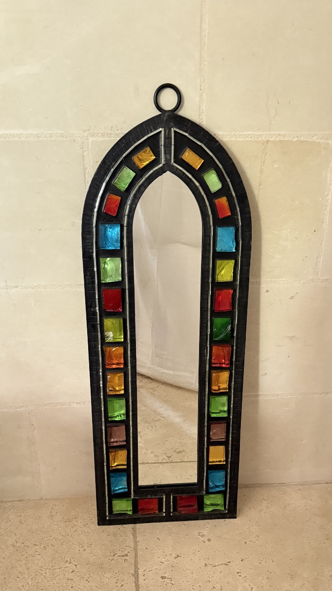 Wrought Iron Mirror Surrounded By Raw Colored Glass Cabochons - 1970s - France