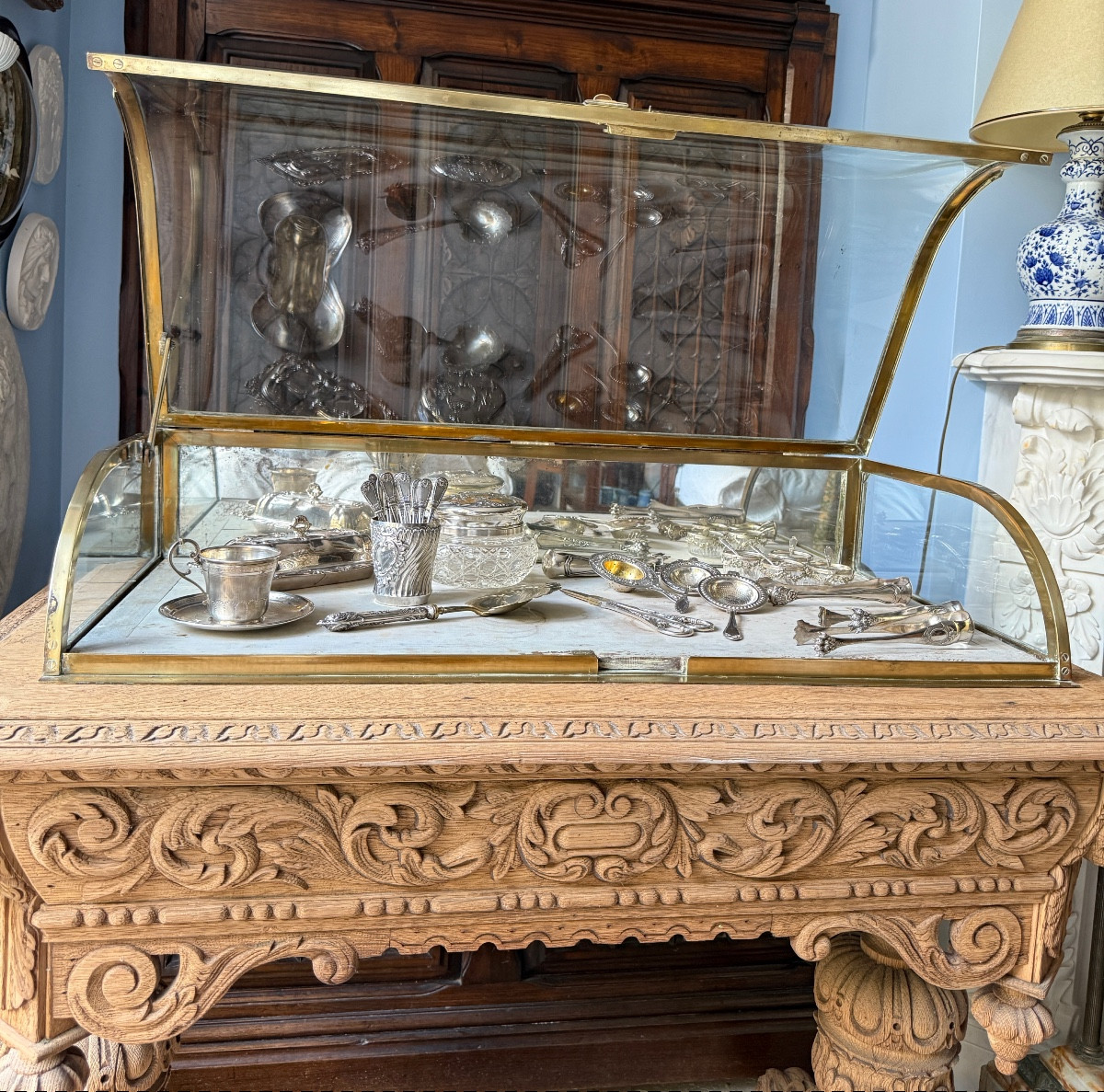 Vitrine de magasin en laiton et verre bombé, présentation de comptoir- XIXe siècle, France-photo-4