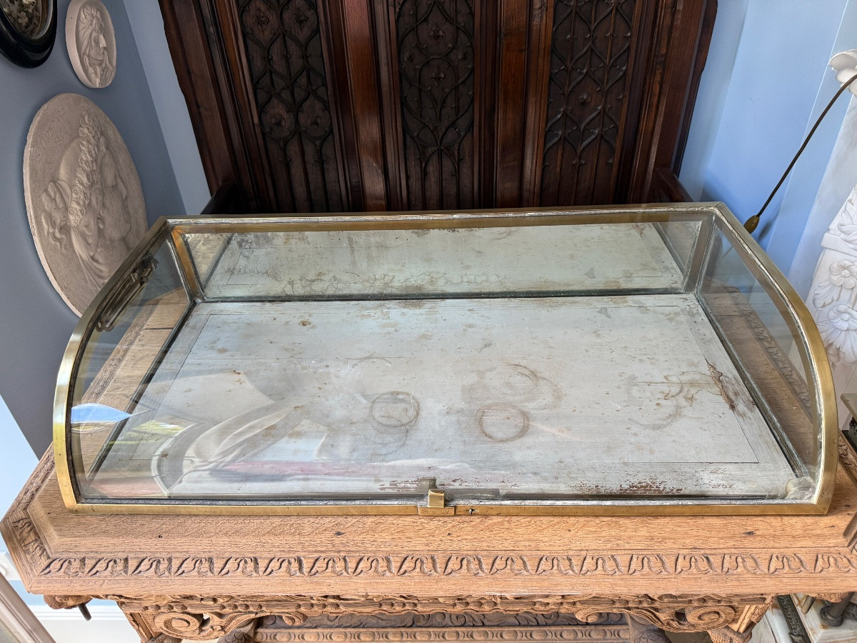 Vitrine de magasin en laiton et verre bombé, présentation de comptoir- XIXe siècle, France-photo-4