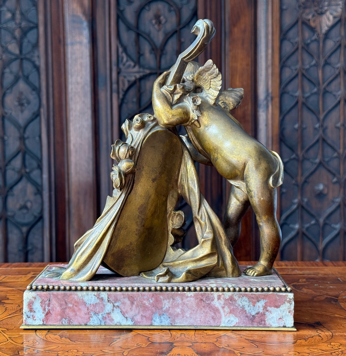 French School: Bronze With Gilded Patina On Marble Base, Angel Playing The Double Bass, 19th Century-photo-2