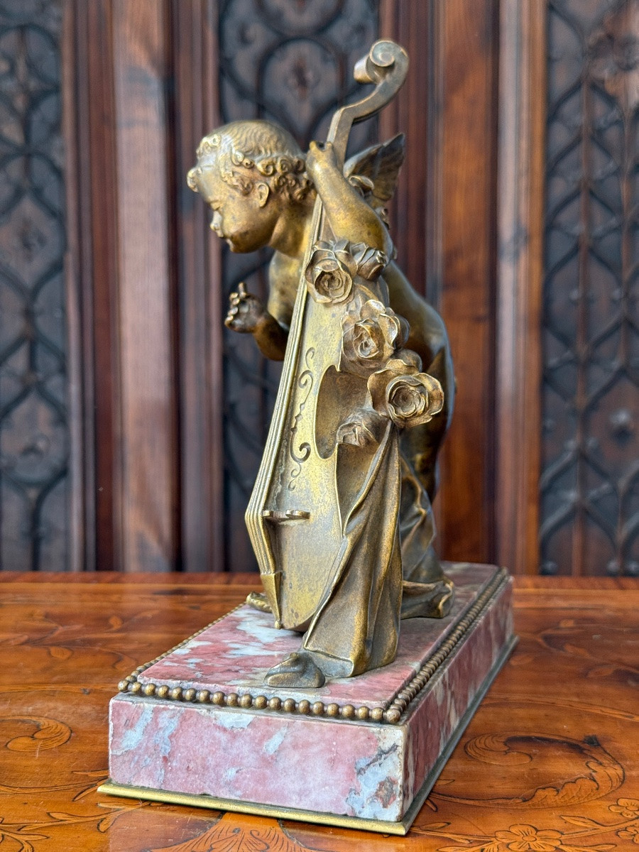 French School: Bronze With Gilded Patina On Marble Base, Angel Playing The Double Bass, 19th Century-photo-1