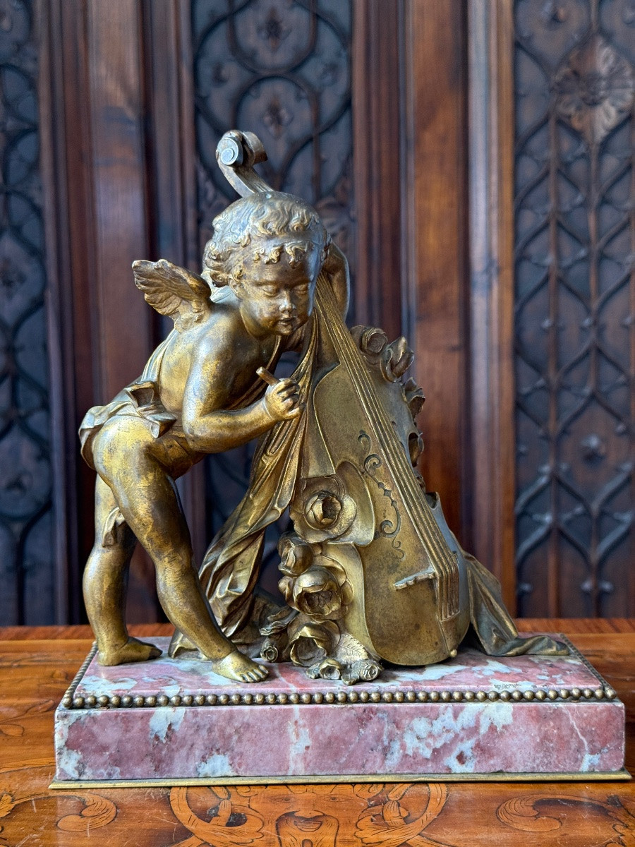 French School: Bronze With Gilded Patina On Marble Base, Angel Playing The Double Bass, 19th Century-photo-4