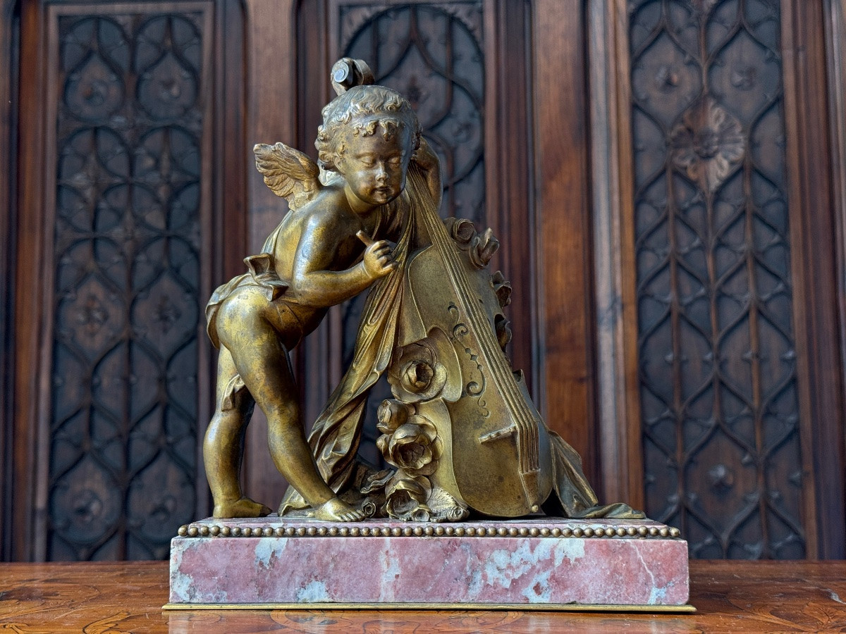 French School: Bronze With Gilded Patina On Marble Base, Angel Playing The Double Bass, 19th Century-photo-5