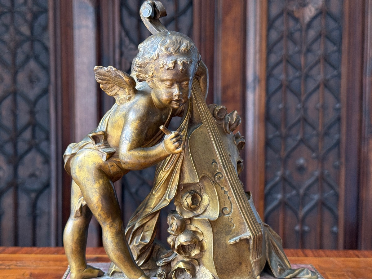French School: Bronze With Gilded Patina On Marble Base, Angel Playing The Double Bass, 19th Century-photo-7