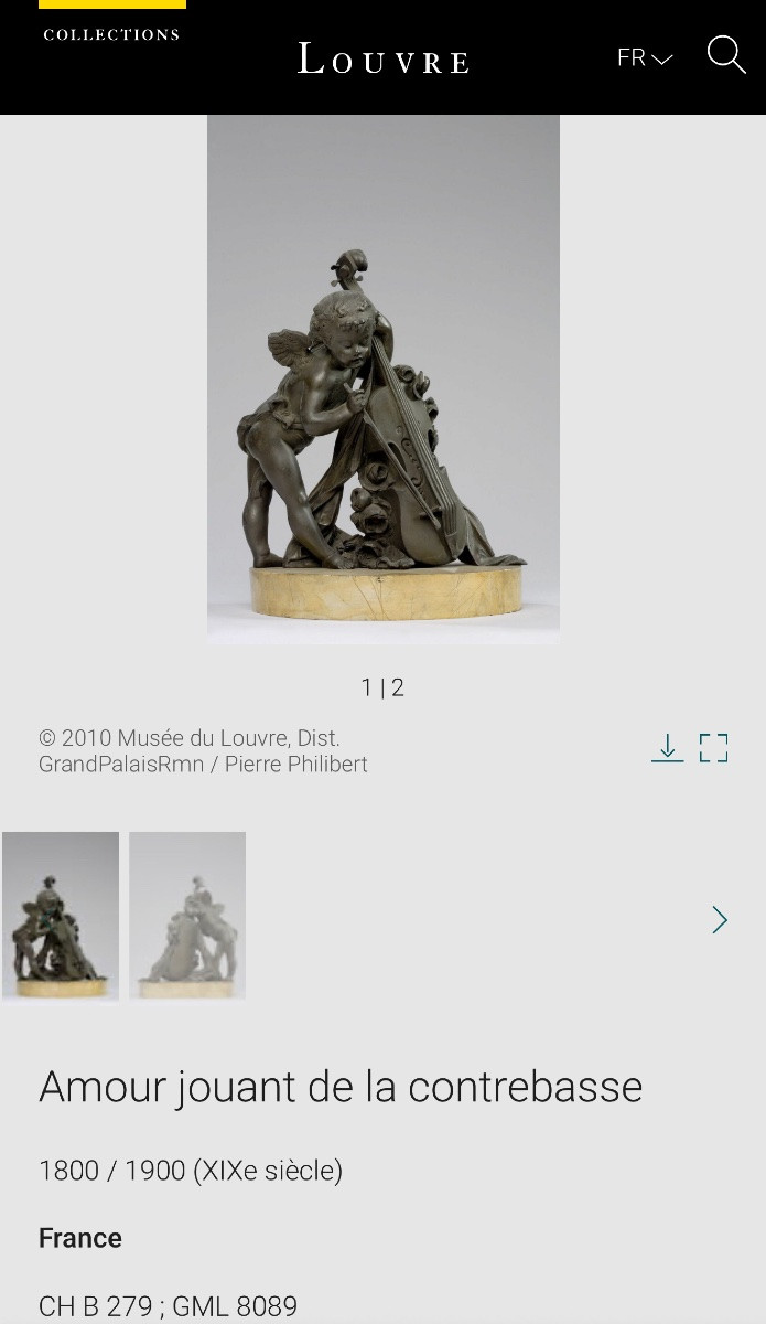 French School: Bronze With Gilded Patina On Marble Base, Angel Playing The Double Bass, 19th Century-photo-8