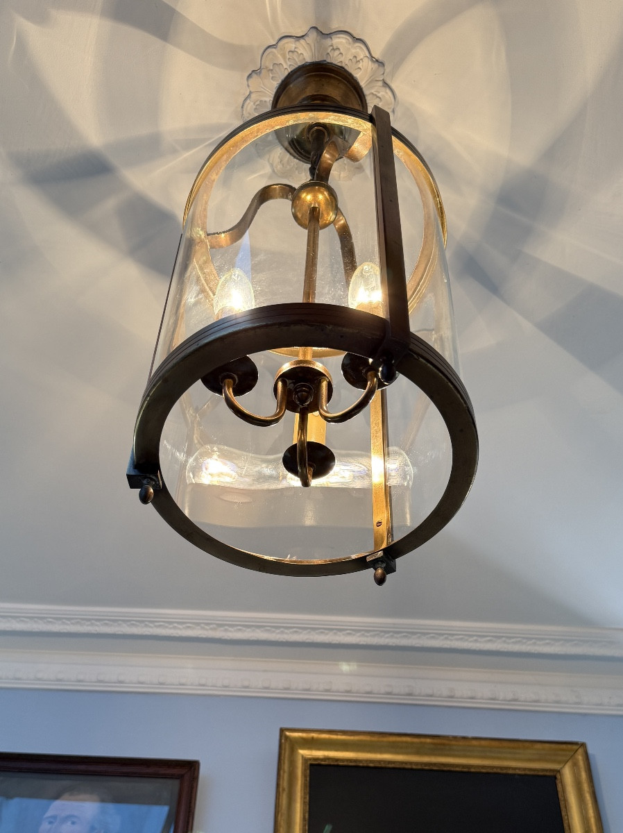 Lanterne circulaire de vestibule en laiton et verre à trois lumières-début XXe siècle-photo-2