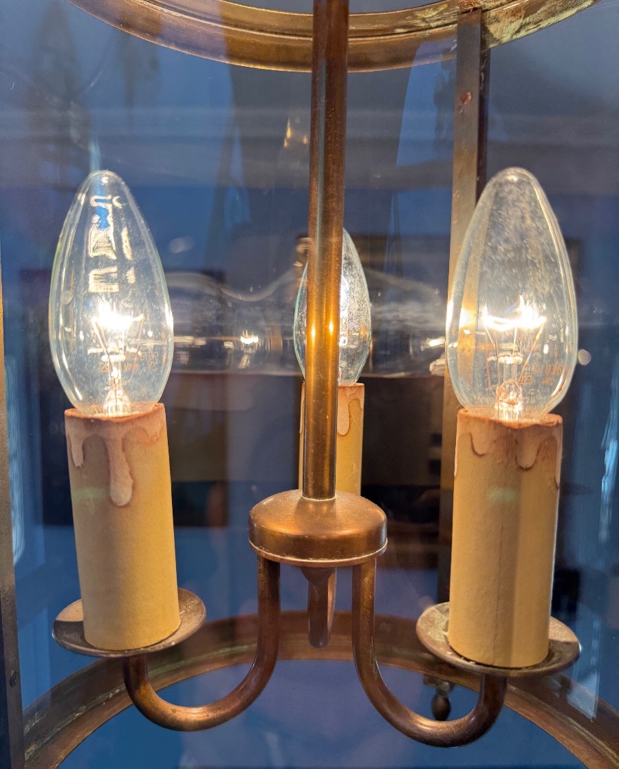 Lanterne circulaire de vestibule en laiton et verre à trois lumières-début XXe siècle-photo-3