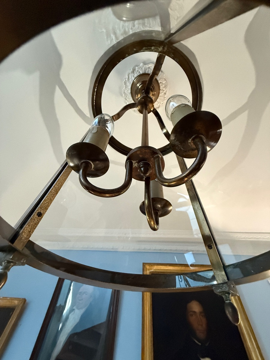 Lanterne circulaire de vestibule en laiton et verre à trois lumières-début XXe siècle-photo-5