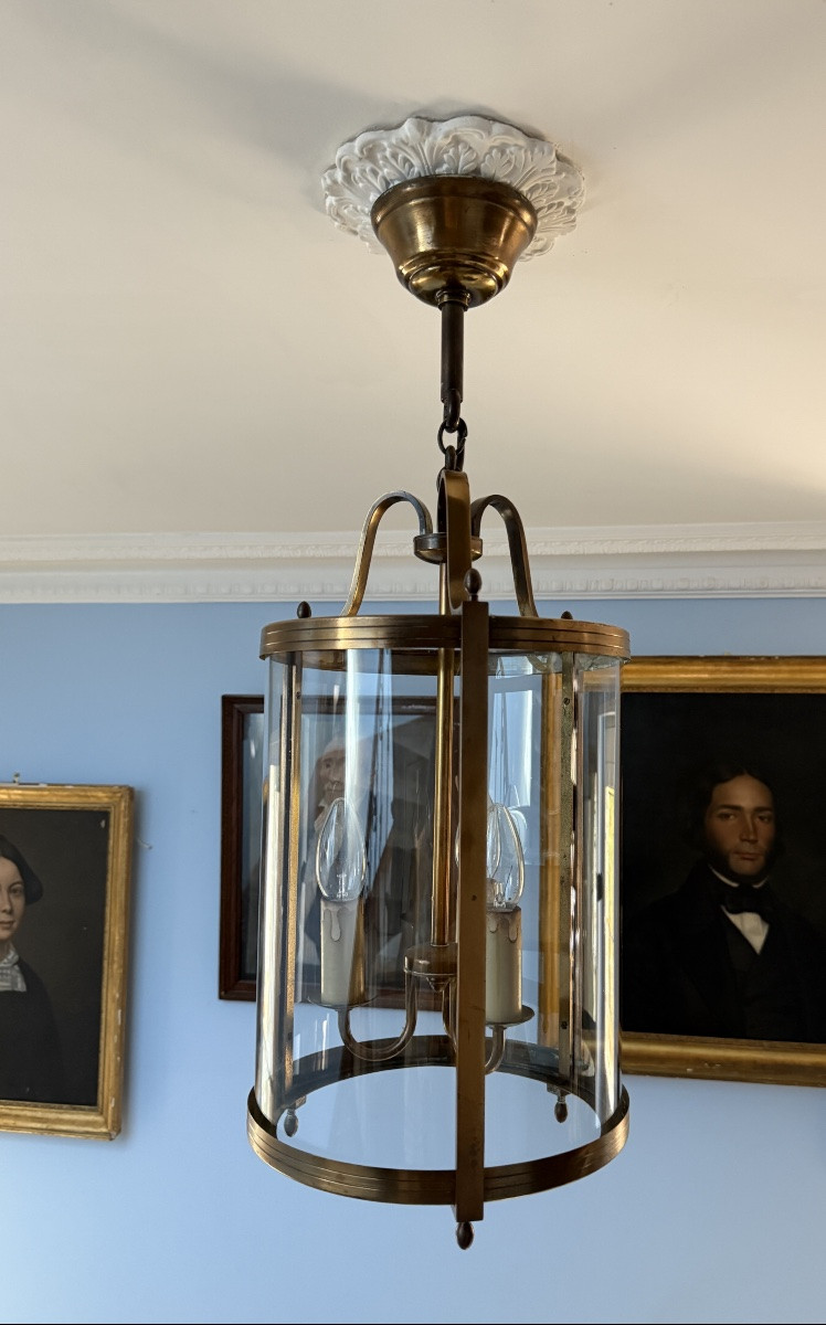 Lanterne circulaire de vestibule en laiton et verre à trois lumières-début XXe siècle-photo-6