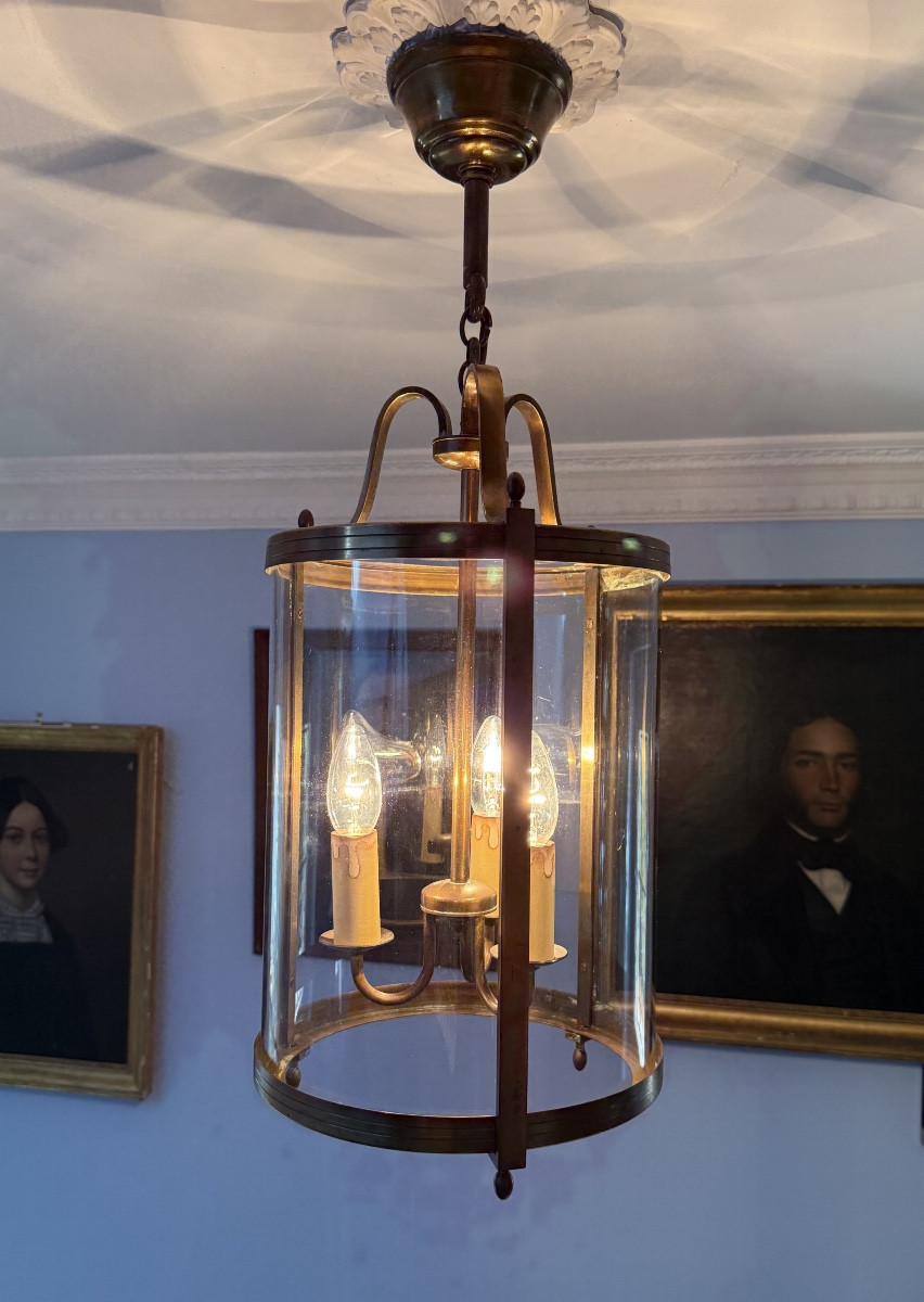 Lanterne circulaire de vestibule en laiton et verre à trois lumières-début XXe siècle