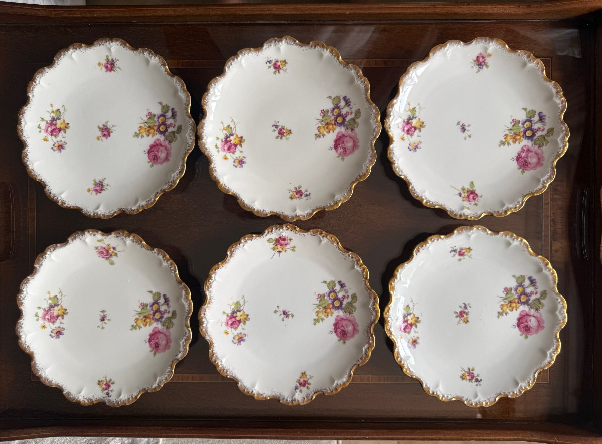 6 Limoges Porcelain Dessert Plates émile Madesclaire - Roses And Scalloped Gilding - Circa 1920-photo-2