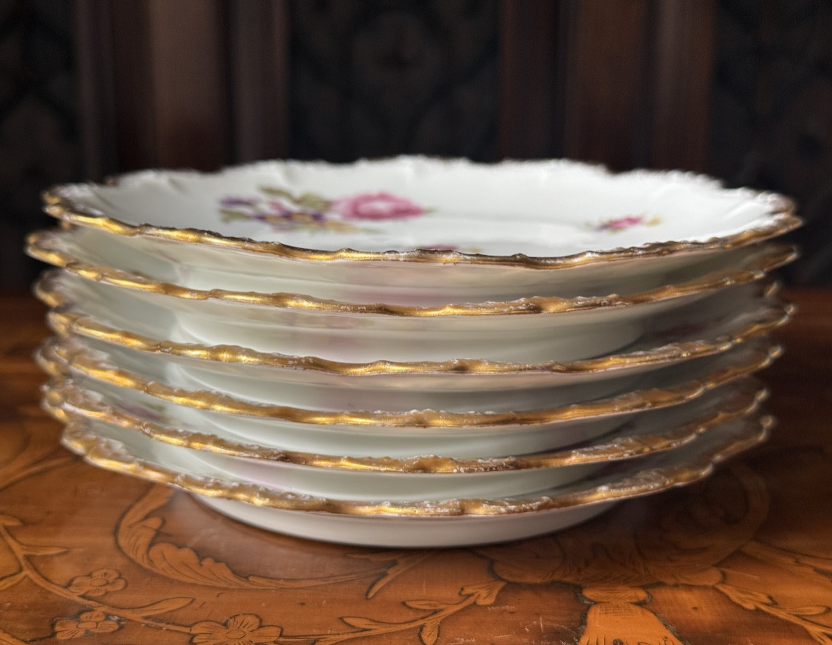 6 Limoges Porcelain Dessert Plates émile Madesclaire - Roses And Scalloped Gilding - Circa 1920-photo-3