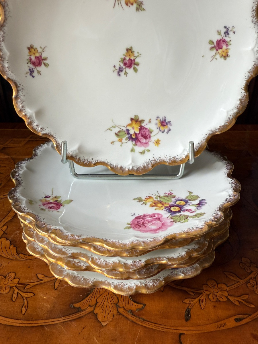 6 Limoges Porcelain Dessert Plates émile Madesclaire - Roses And Scalloped Gilding - Circa 1920-photo-1