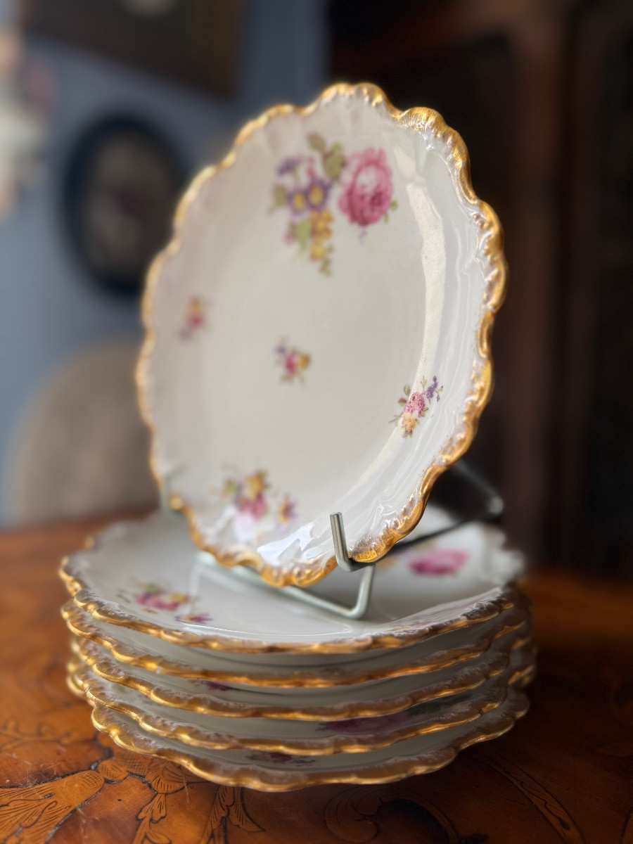 6 Limoges Porcelain Dessert Plates émile Madesclaire - Roses And Scalloped Gilding - Circa 1920-photo-6