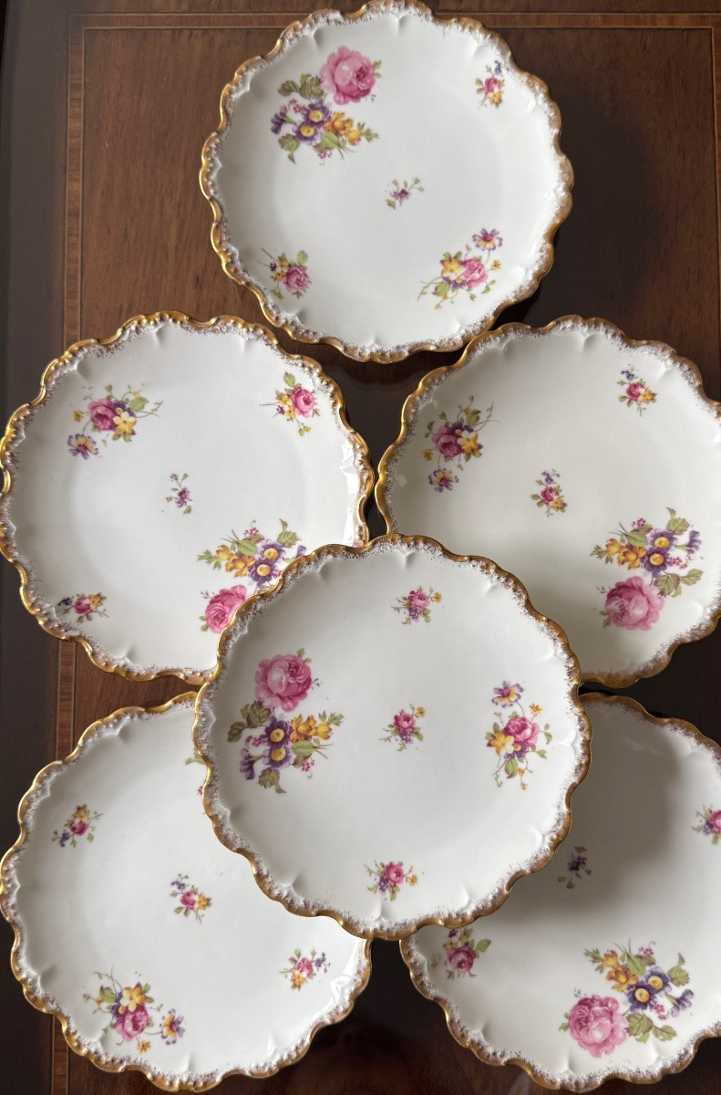 6 Limoges Porcelain Dessert Plates émile Madesclaire - Roses And Scalloped Gilding - Circa 1920-photo-7
