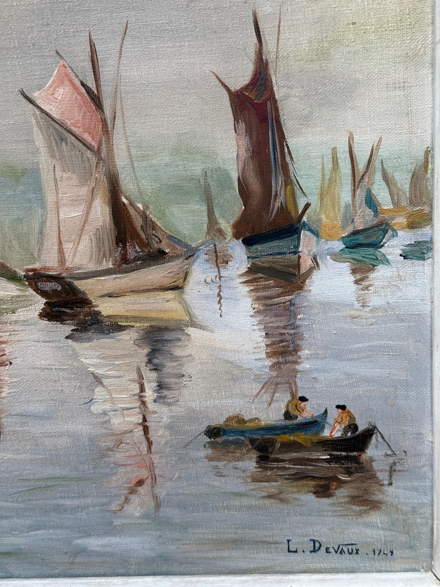 Marine - Huile sur toile  - Port de Concarneau - signée DEVAUX Léon - Milieu XXème siècle-photo-6