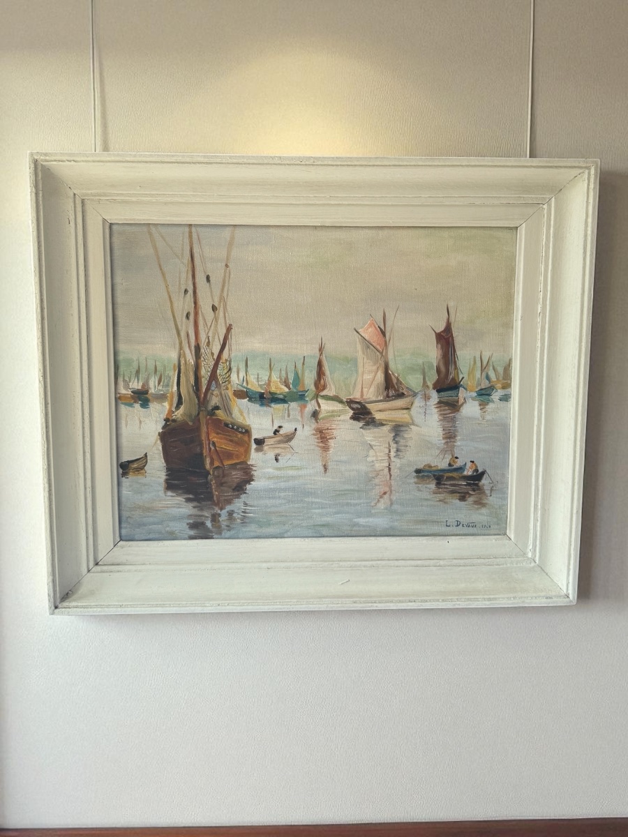 Marine - Huile sur toile  - Port de Concarneau - signée DEVAUX Léon - Milieu XXème siècle-photo-8