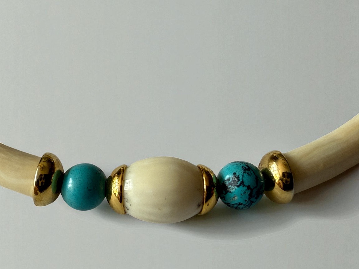 Ivory, Turquoise And Gold-mounted Bracelet - 19th Century-photo-4