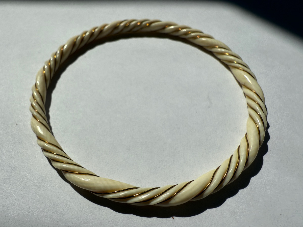 Bracelet fin en Ivoire Torsadé au Fil d'Or - France - Circa 1900-photo-5