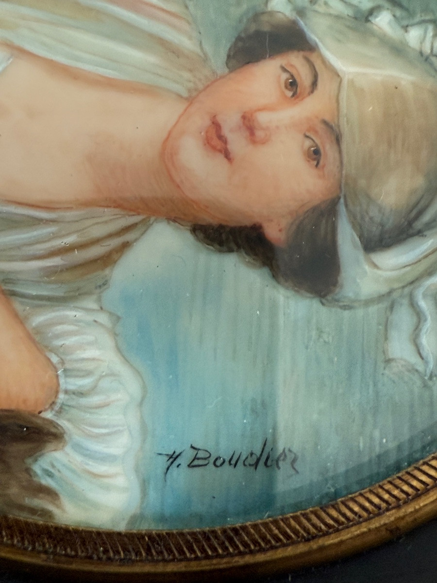 19th Century Miniature On Ivory – The Milkmaid After Greuze, Signed Henri Boudier -photo-3