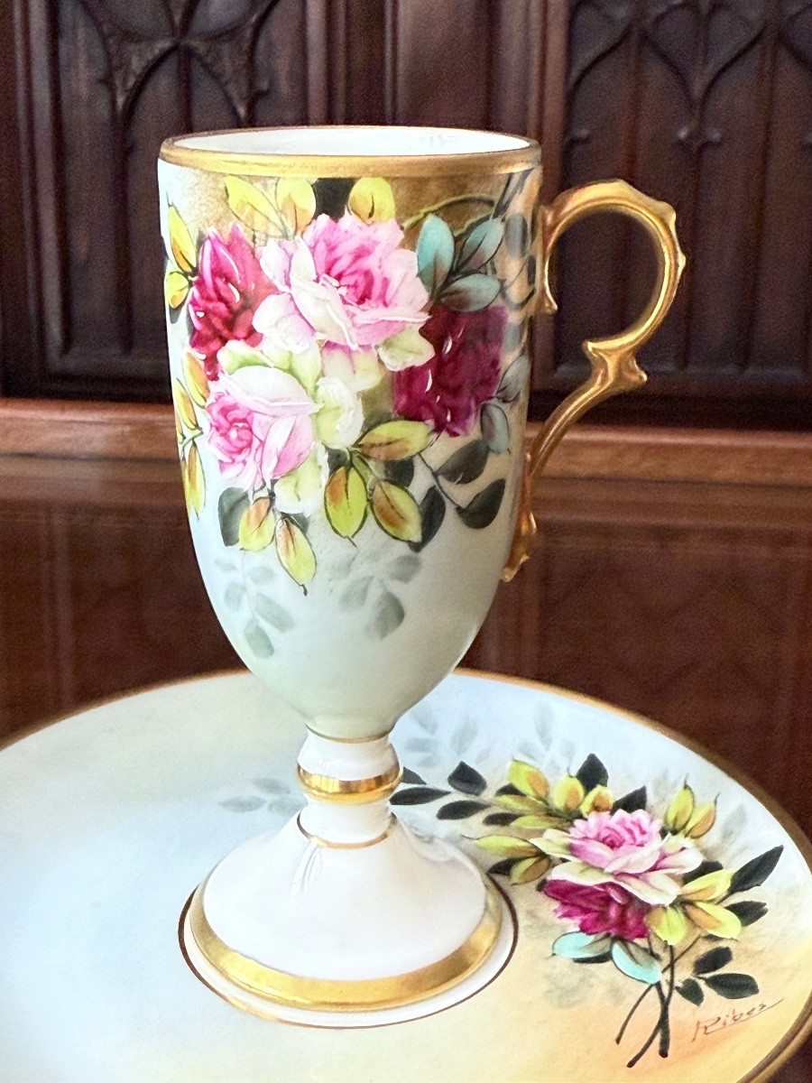 Limoges sign&eacute; RIBES - Duo de Tasses en porcelaine fines avec soucoupes -Rosina &amp; Rebex-photo-4
