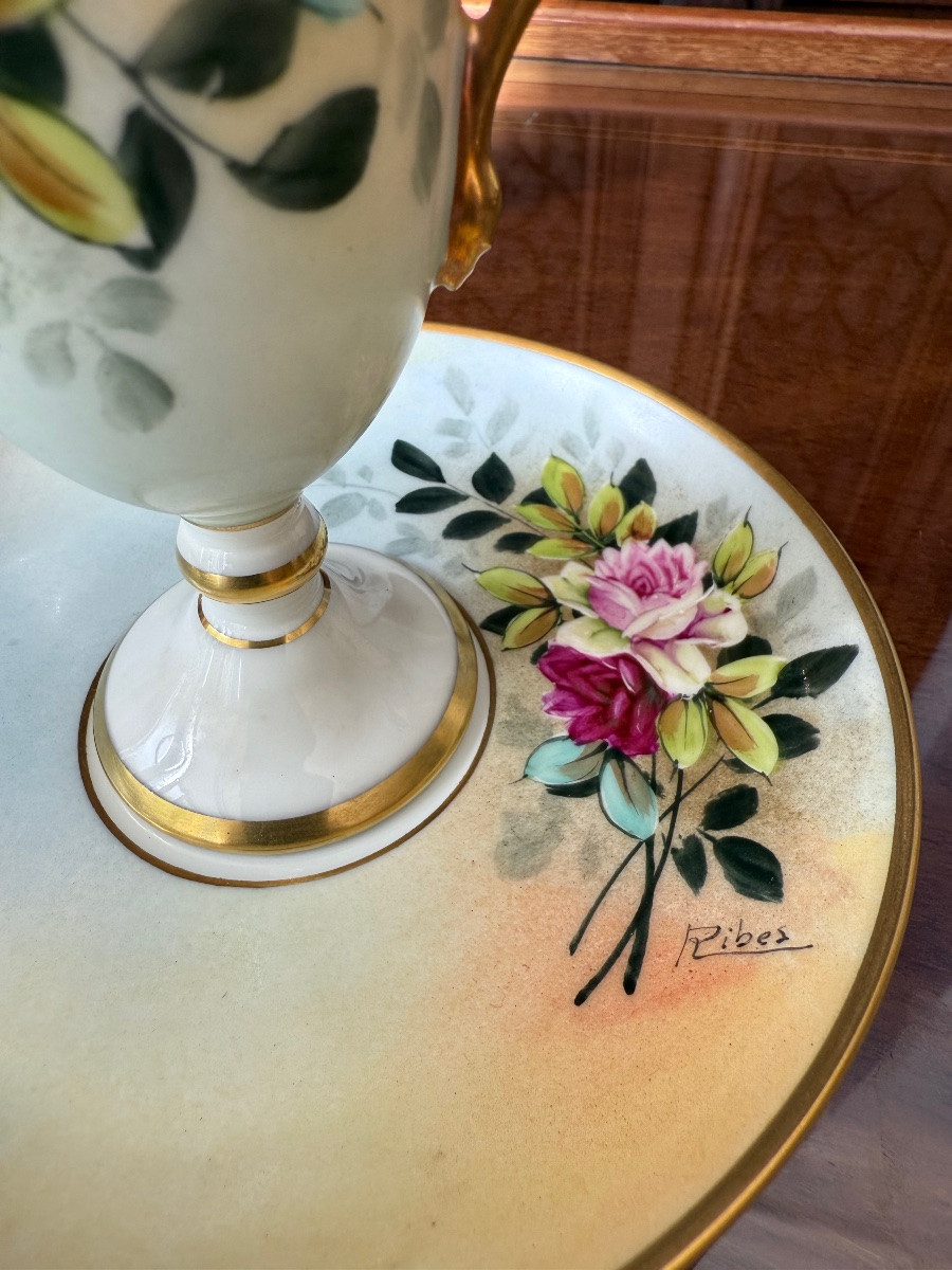 Limoges sign&eacute; RIBES - Duo de Tasses en porcelaine fines avec soucoupes -Rosina &amp; Rebex-photo-1