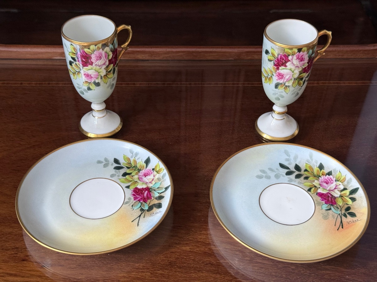 Limoges sign&eacute; RIBES - Duo de Tasses en porcelaine fines avec soucoupes -Rosina &amp; Rebex-photo-2