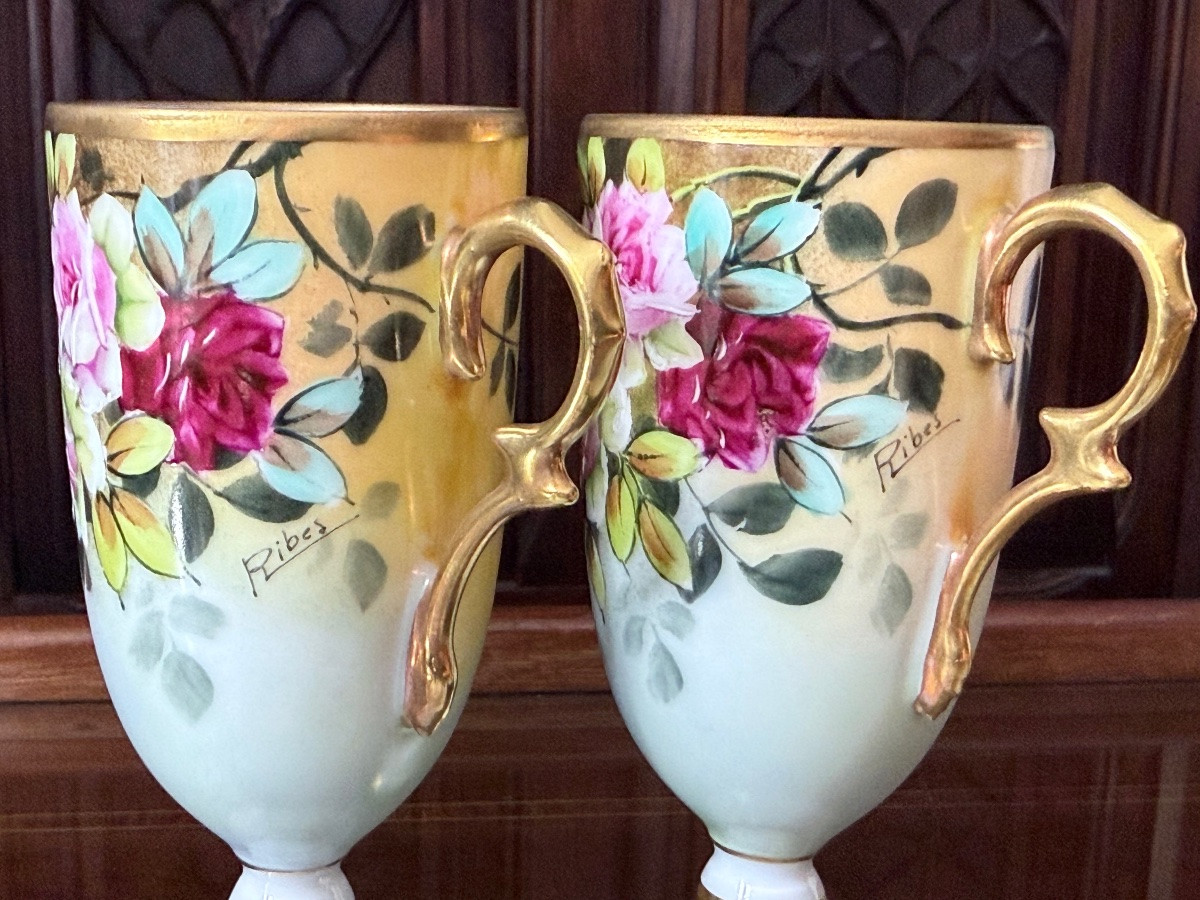 Limoges sign&eacute; RIBES - Duo de Tasses en porcelaine fines avec soucoupes -Rosina &amp; Rebex-photo-3