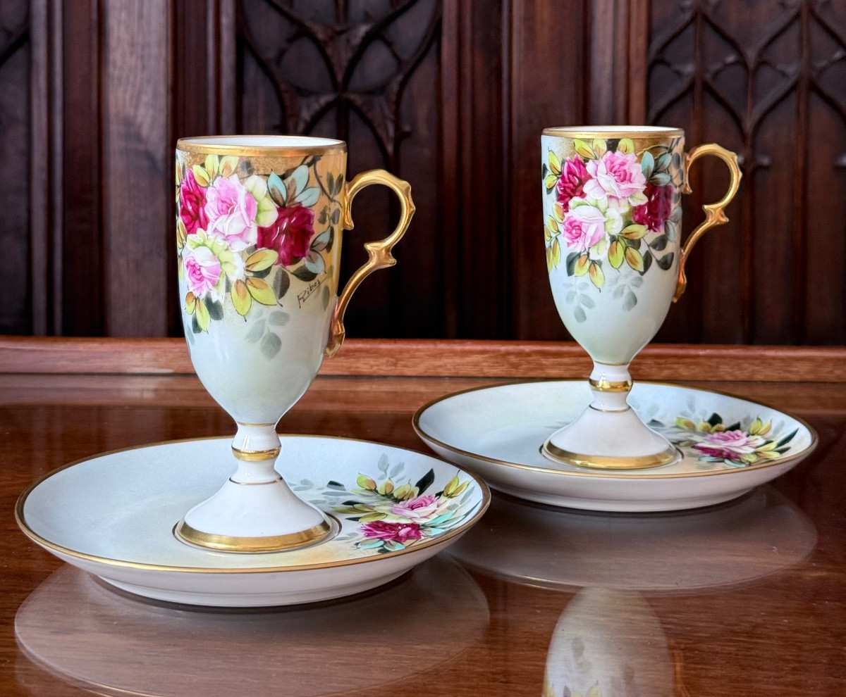 Limoges sign&eacute; RIBES - Duo de Tasses en porcelaine fines avec soucoupes -Rosina &amp; Rebex-photo-5