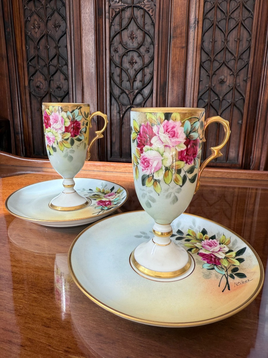 Limoges sign&eacute; RIBES - Duo de Tasses en porcelaine fines avec soucoupes -Rosina &amp; Rebex-photo-6