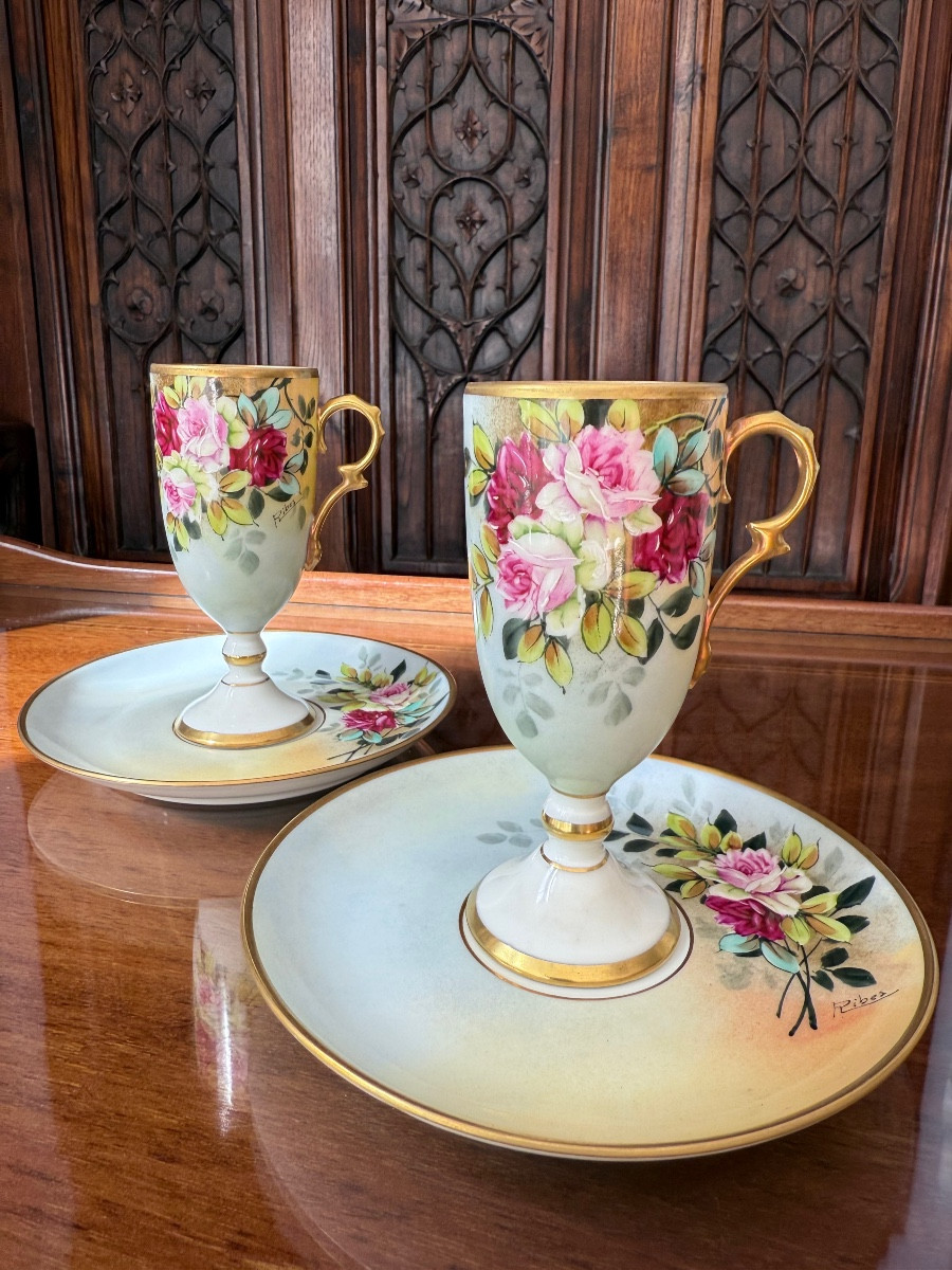Limoges sign&eacute; RIBES - Duo de Tasses en porcelaine fines avec soucoupes -Rosina &amp; Rebex